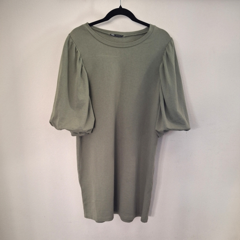 ZARA 100% Cotton Puff Sleeve Tee Dress Olive Green - Size L